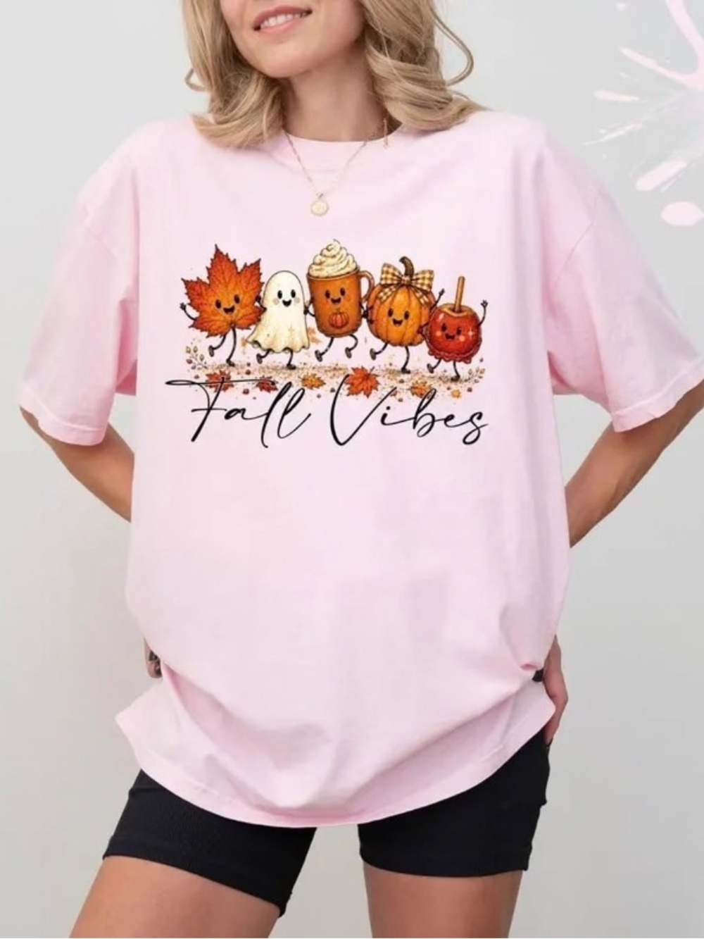 Light Pink Ghost & Pumpkin Graphic Tee, Vintage Autumn for Cozy Seasonal Wear